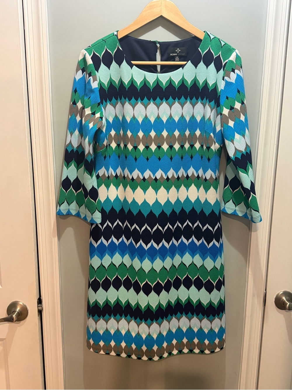 Ronni Nicole Blue, Green & Navy Geometric Print Dress Size 10 Stretch